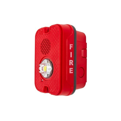System Sensor P2GRKLED outdoor fire alarm horn strobe in red mounted on wall, with "FIRE" label for emergency alert visibility.