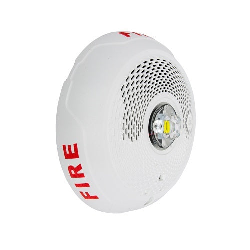 Ceiling-mounted LED strobe and speaker from System Sensor's SPSCWLED L-Series fire alarm system, designed for indoor safety alerting.