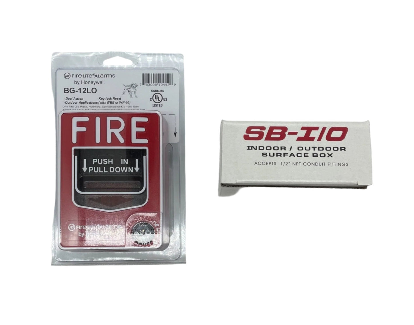 Fire-Lite BG-12LOB dual-action fire alarm pull station with red metal casing and clear labeling for emergency use.