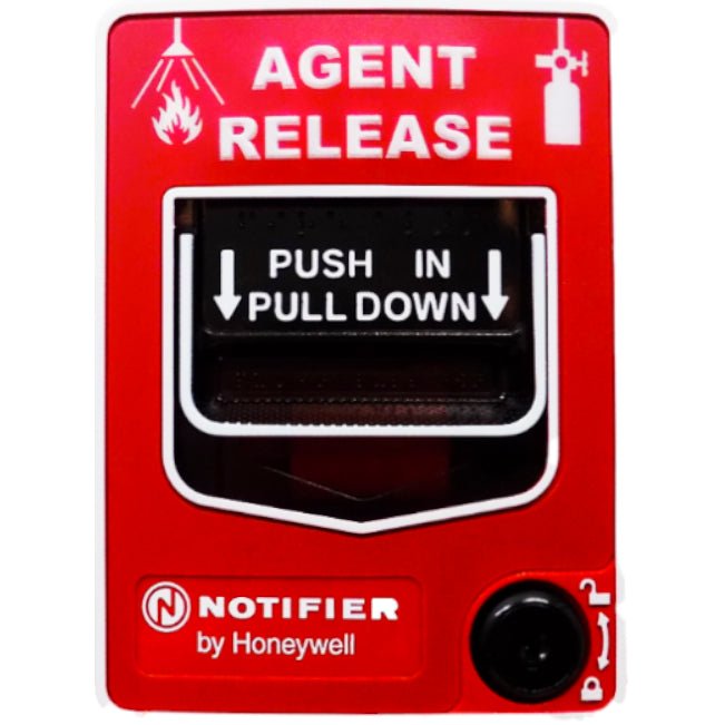 Notifier NBG-12LR addressable manual pull station for fire alarms, dual-action releasing station with clear labeling.