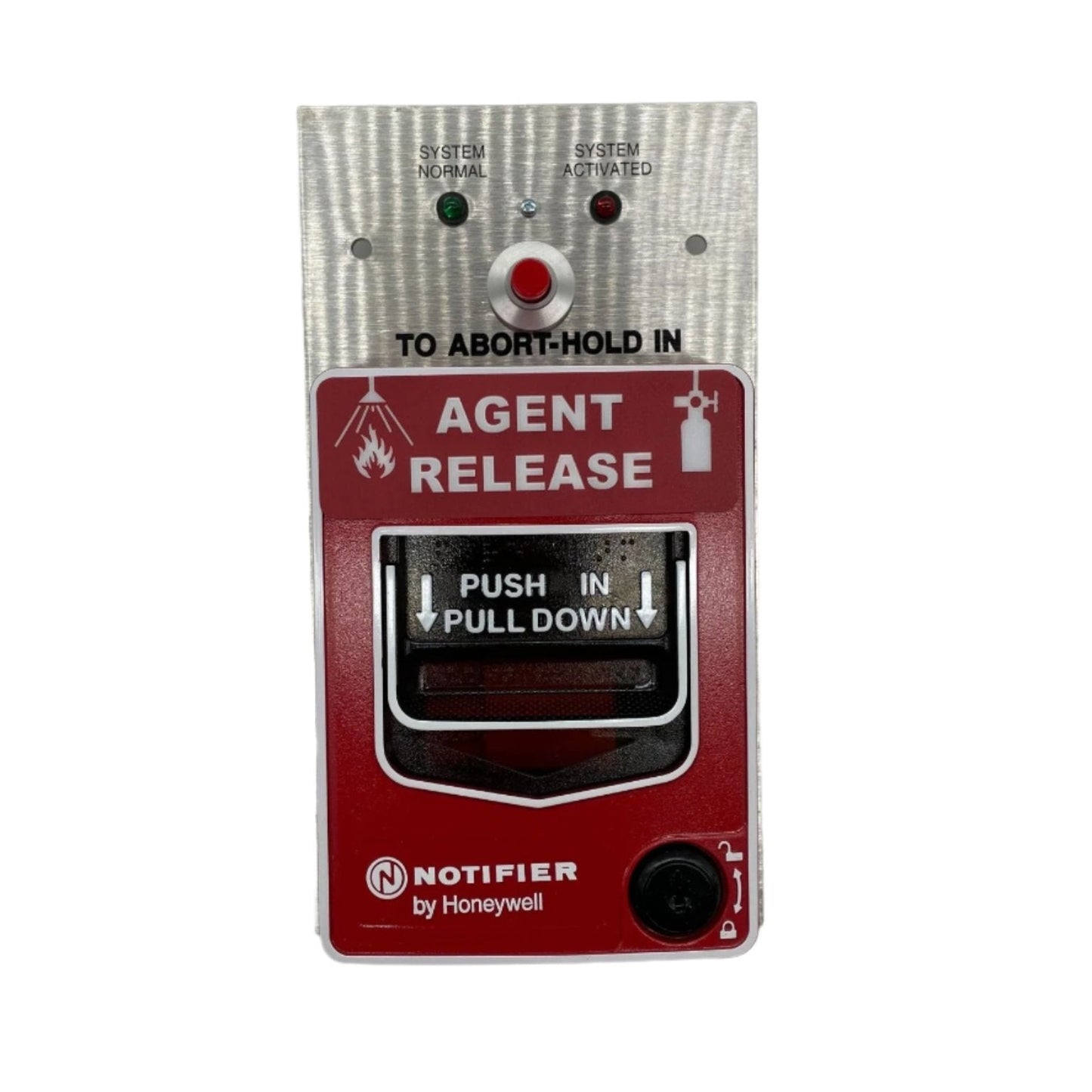 Notifier NBG-12LRA addressable manual pull station for fire alarms, featuring dual-action release and clear identification.