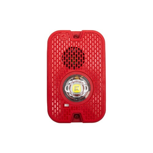 Red outdoor wall-mounted fire alarm horn strobe from System Sensor with "FIRE" label and integrated LED light.