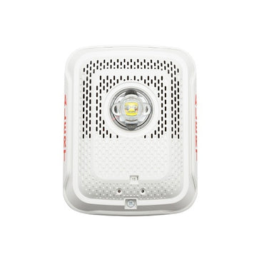 Ceiling-mounted System Sensor SPSCWLED-CLR-ALERT fire alarm with LED strobe labeled "ALERT" in black housing.