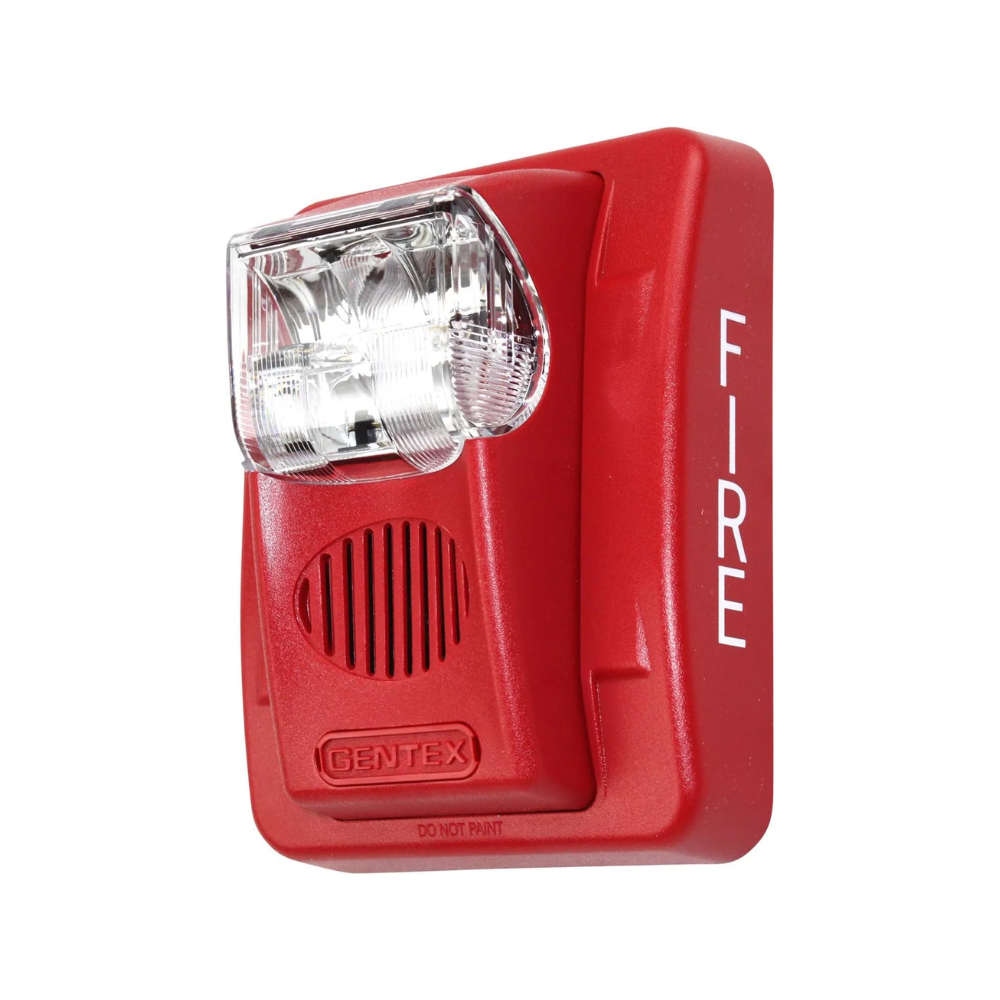 Gentex GEC3-24WR fire alarm with 24V DC power, selectable candela, low-profile evacuation horn strobe in black.