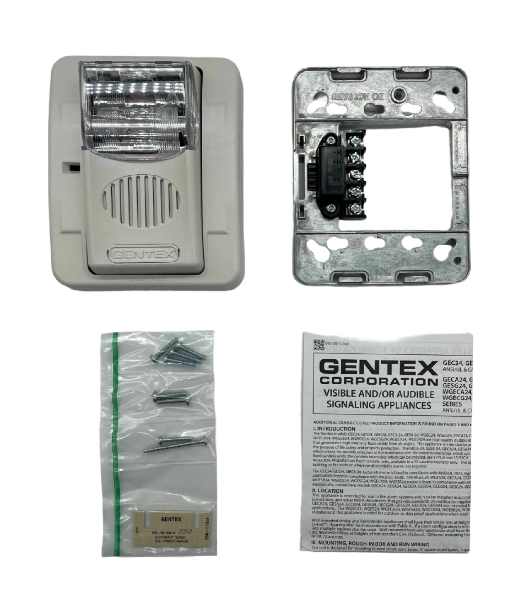Gentex GEC3-24WW fire alarm with horn and strobe light mounted on wall, part of Gentex fire alarm system.