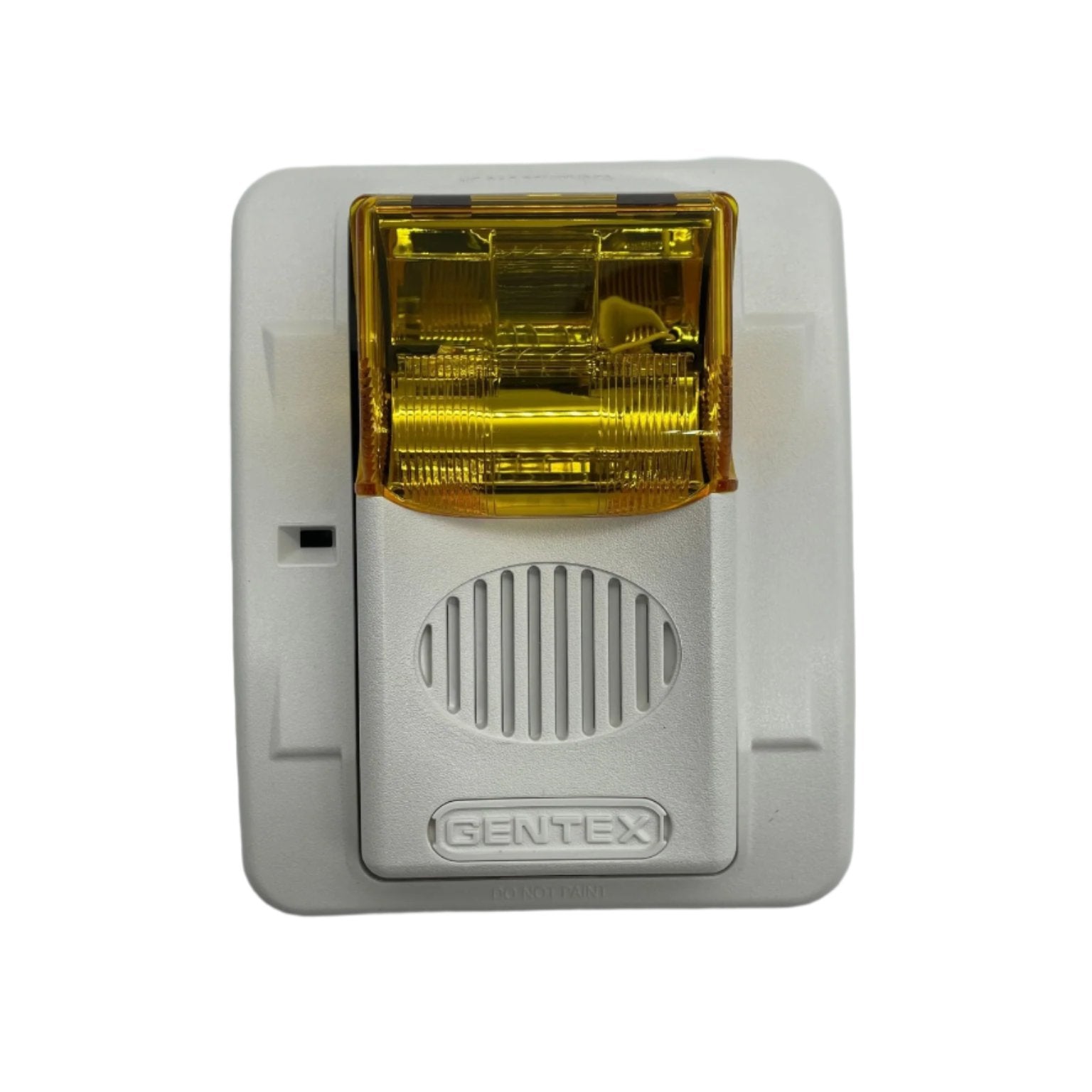 Gentex GECA24PWW fire alarm with horn and strobe light, white safety device for fire detection and alert systems.