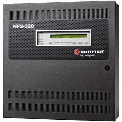 Notifier NFS-320E addressable fire alarm control panel with 240VAC power in a clear, professional setup image.