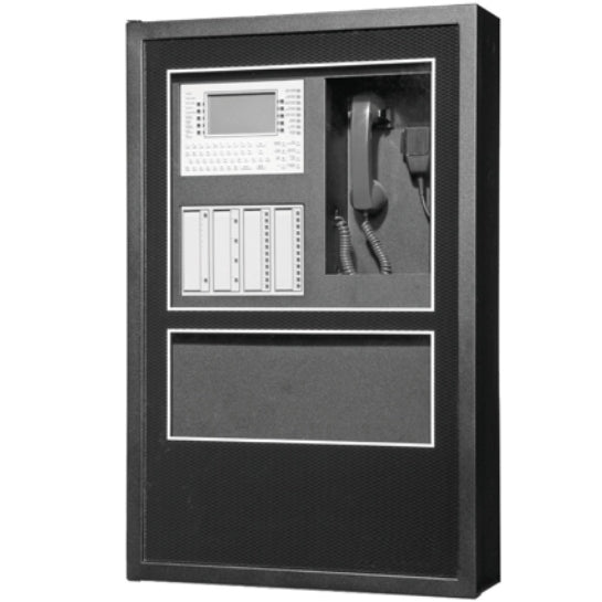 Notifier DR-B4R black cabinet door assembly for fire alarm system, 4-row design, with visible components and branding.
