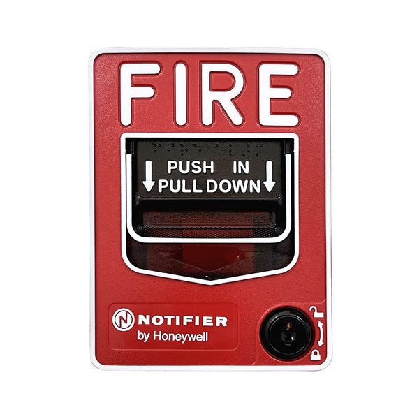 Notifier NBG-12LO outdoor manual pull station for fire alarms, with a rugged, weather-resistant design for emergency use.