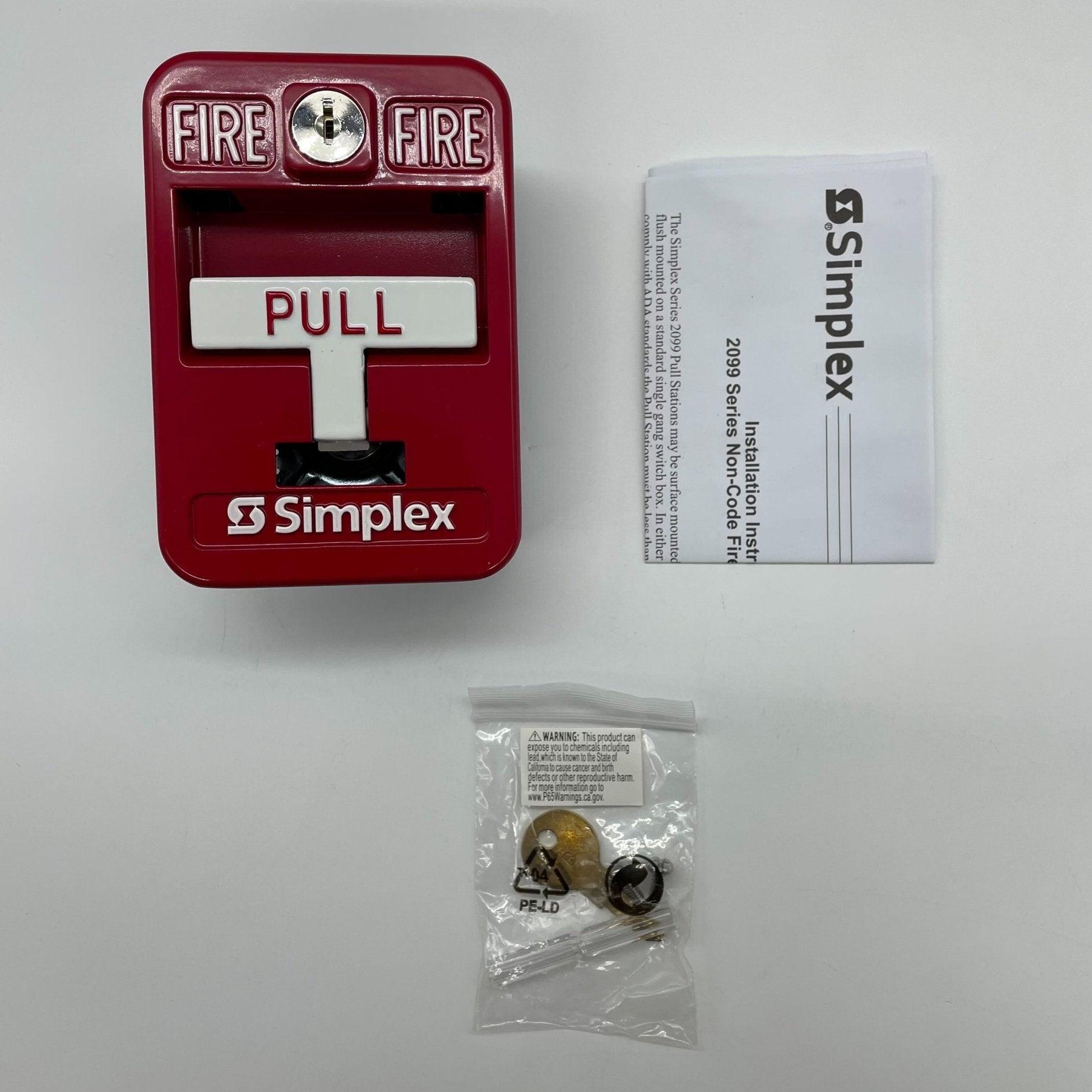 Simplex 2099-9138 fire alarm pull station, non-coded single-action manual station with clear signage and emergency alert features