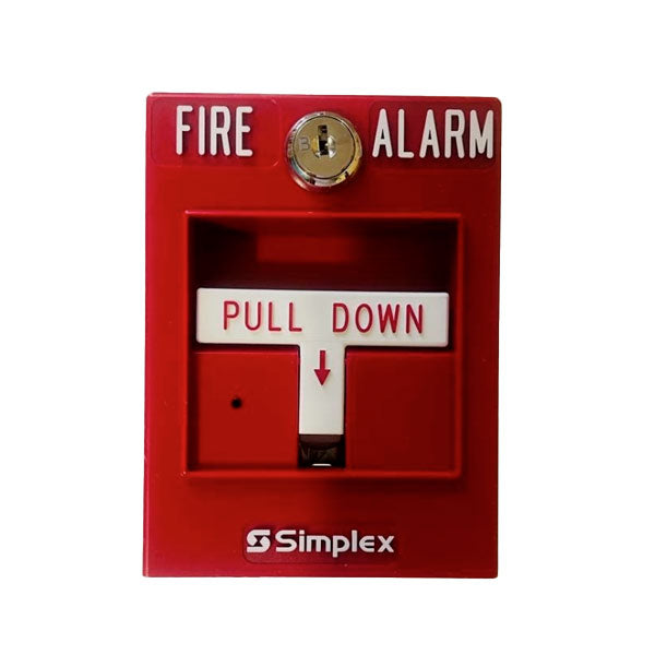 Simplex 4099-9004 single-action fire alarm pull station, mounted on wall, used for emergency fire alerts.