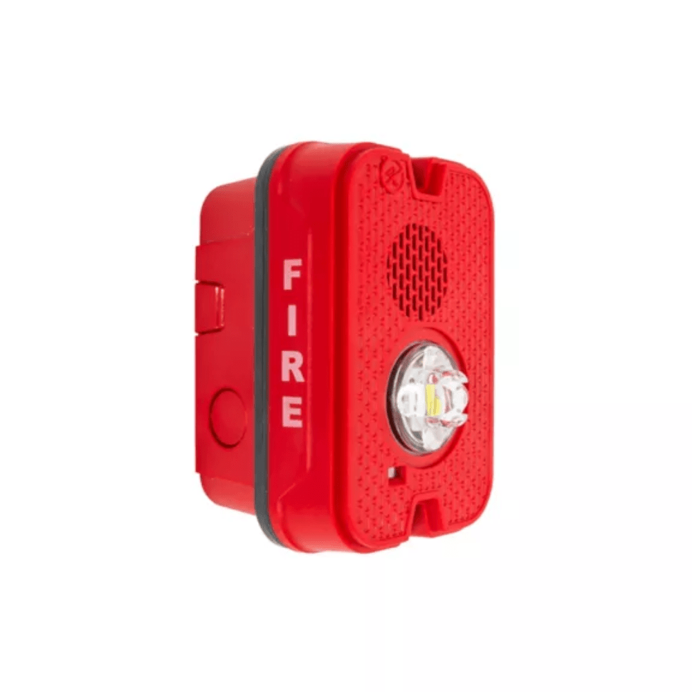 System Sensor P2GRKLED outdoor wall-mounted fire alarm horn strobe in red with "FIRE" label for emergency alerts.